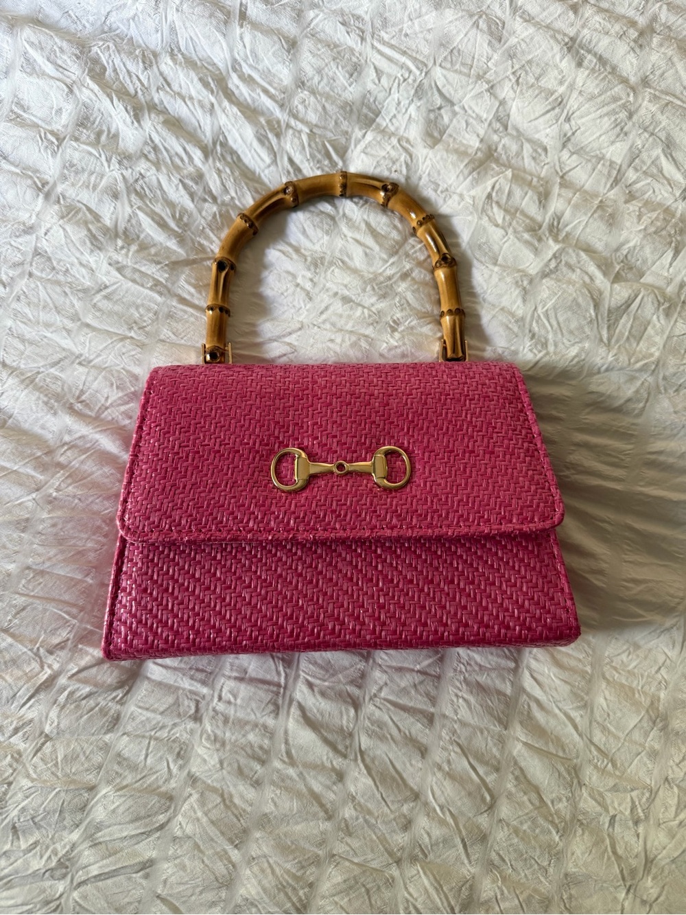 T.J.Maxx Pink Woven Satchel with Bamboo Top Handle